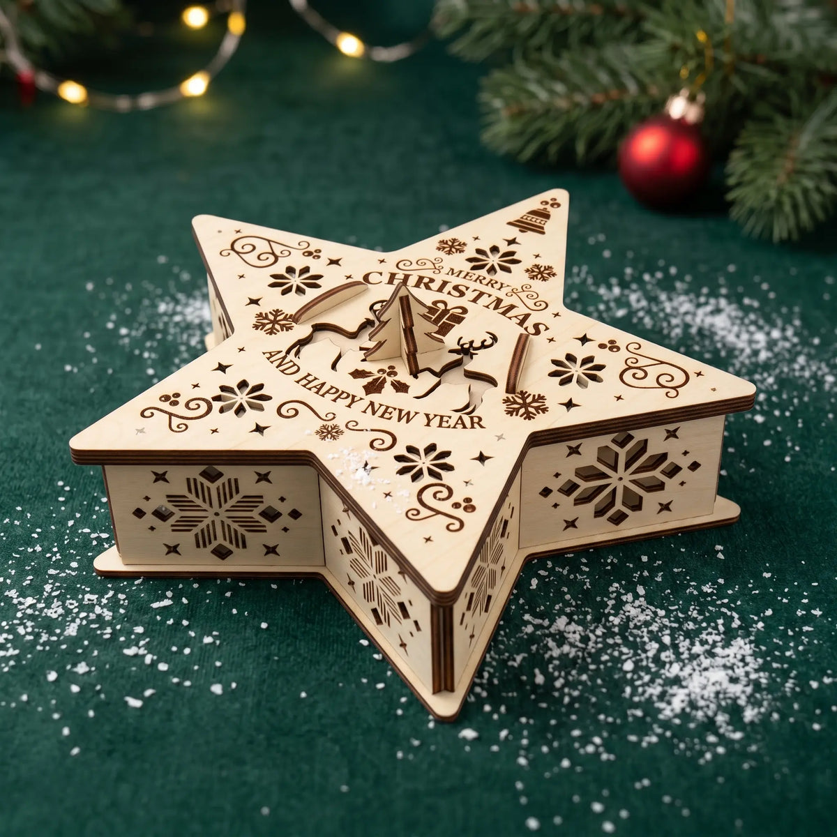Star shaped laser cut plywood holiday gift box with reindeer and tree handle on green velvet with snow.