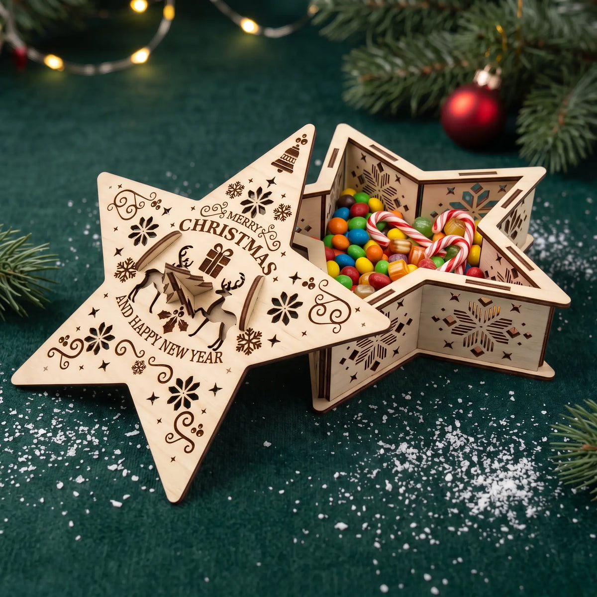 Open laser cut plywood star gift box filled with colorful candies and candy canes on emerald fabric.
