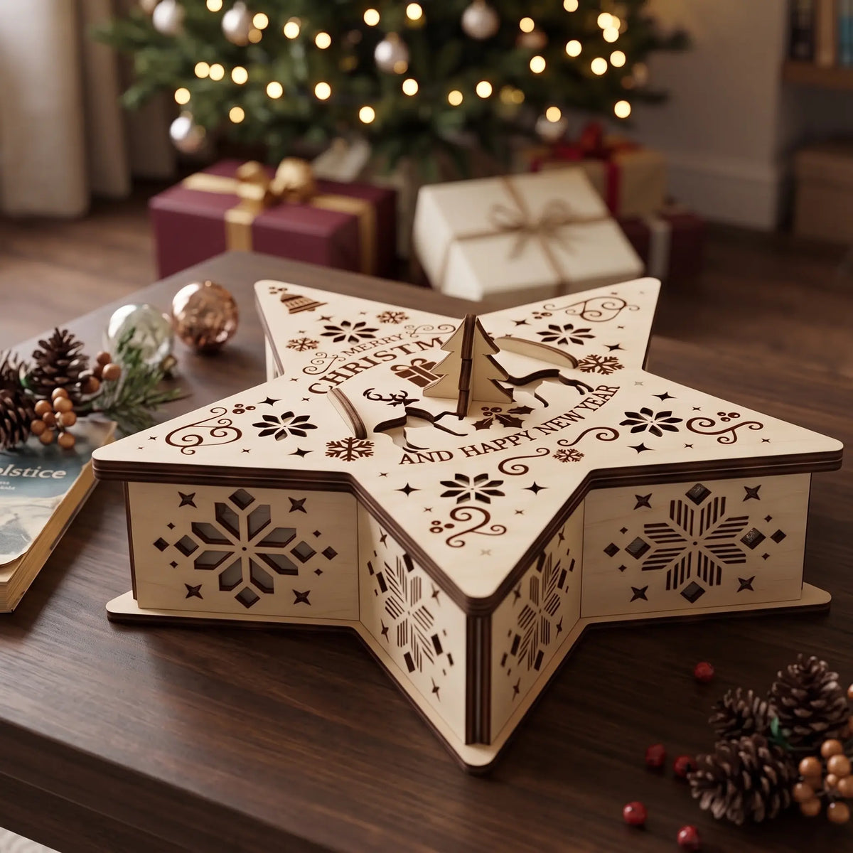 Laser cut plywood star box on a wooden table with Christmas tree lights, pinecones, and holiday gifts.