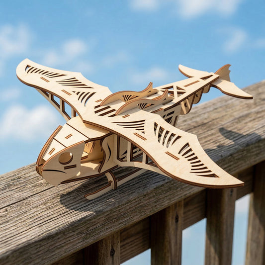 A bird-inspired steampunk flying machine made from laser cut plywood. Features intricate wing cutouts, a stylized bird-head cockpit, and a skeletal tail. Resting on a weathered wooden railing against a sunny blue sky background.