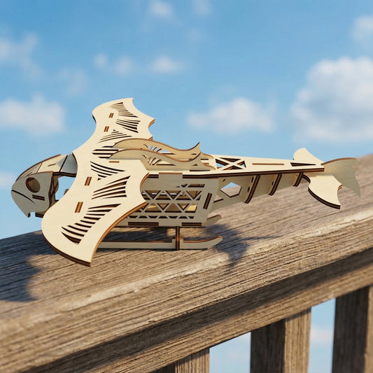 Side profile of a fantasy steampunk aircraft crafted from laser cut plywood. Showcases geometric lattice patterns on the fuselage, landing skids, and curved dorsal fins. Resting on a wood balcony railing under a bright blue sky.