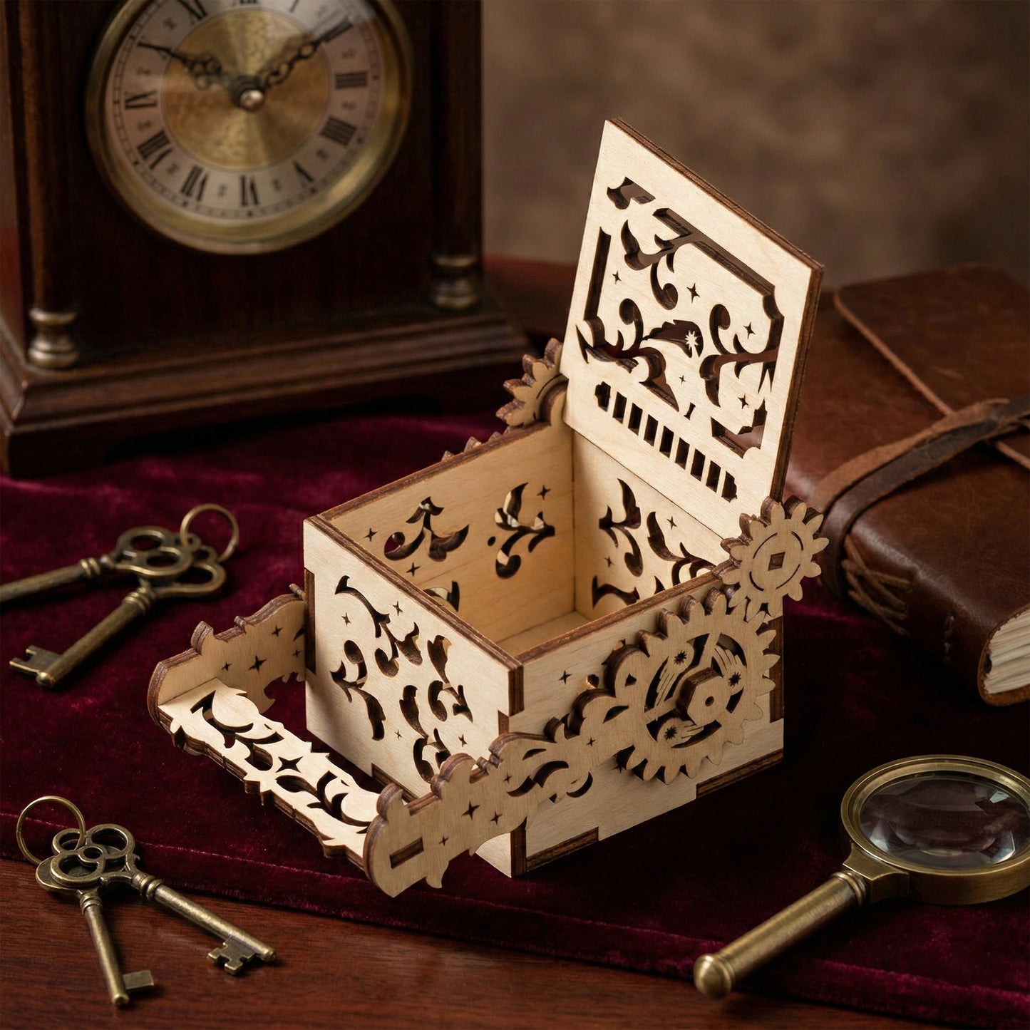 Open laser cut plywood jewelry box with intricate steampunk filigree cutouts. Large mechanical gears on the side operate the lid. Placed on a burgundy velvet cloth with vintage keys and a magnifying glass for a Victorian aesthetic.