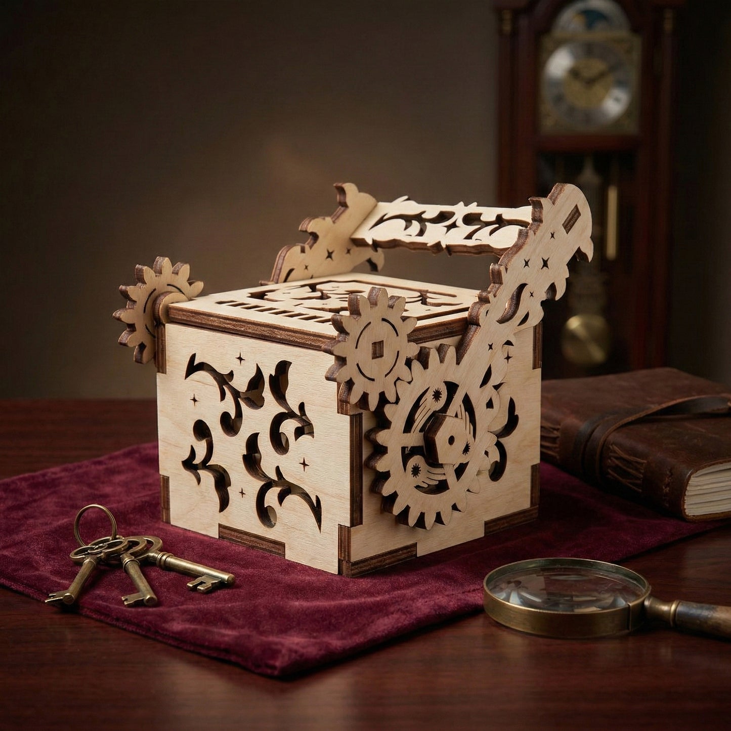 Closed laser cut plywood mechanical box featuring decorative star and leaf cutouts. Detailed interlocking gears are visible on the exterior. Shown in a vintage study setting near a leather journal and an antique clock for scale.
