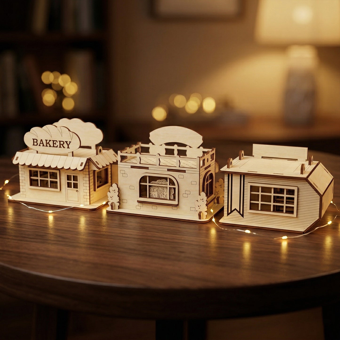 Side and rear view of miniature laser-cut plywood shop ornaments, showcasing the precise tab-and-slot construction and etched brickwork details. Includes a bakery, flower shop, and bookstore. Styled in a warm home setting with soft bokeh lighting.