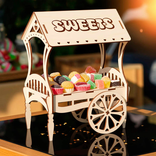 A light wooden plywood laser cut miniature vendor cart labeled "SWEETS" on the roof, filled with colorful jelly candies, resting on a reflective black surface with glitter, taken in bright outdoor lighting.