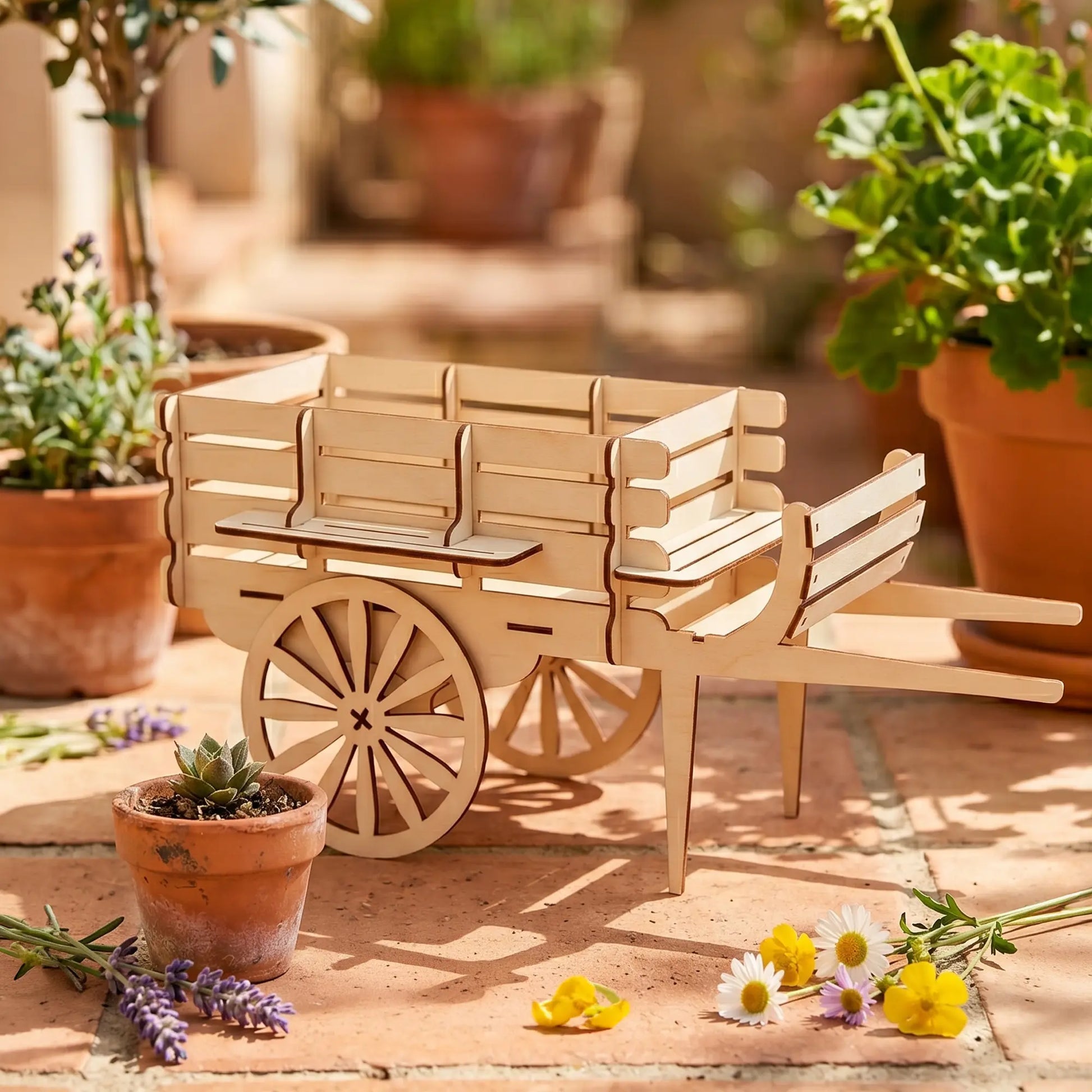 Wooden sweet cart laser cut model on a patio with potted plants and flowers