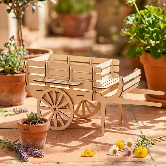 Wooden sweet cart laser cut model on a patio with potted plants and flowers