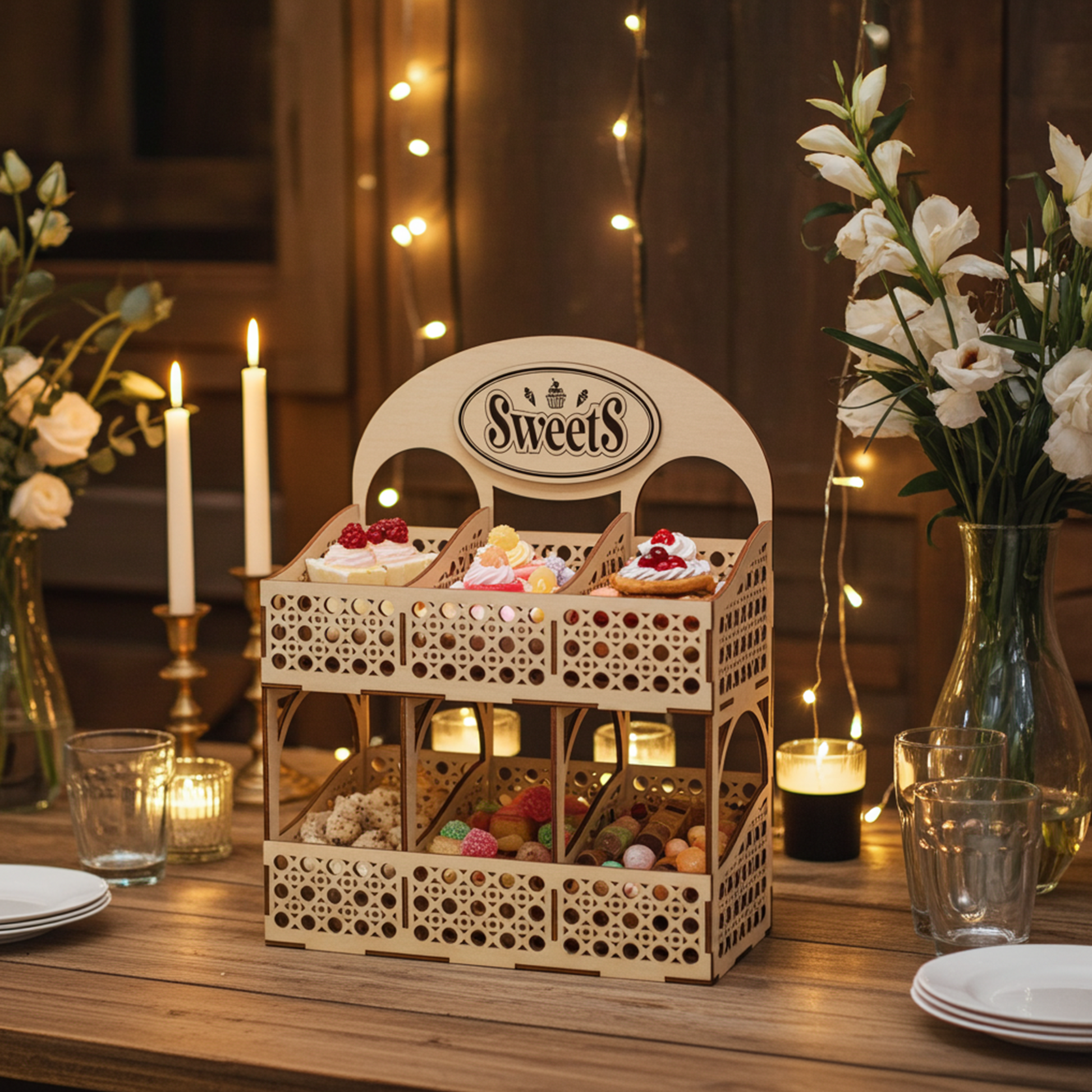 Decorative plywood laser cut sweet stand with candies on a table set for a romantic dinner with candles and flowers.