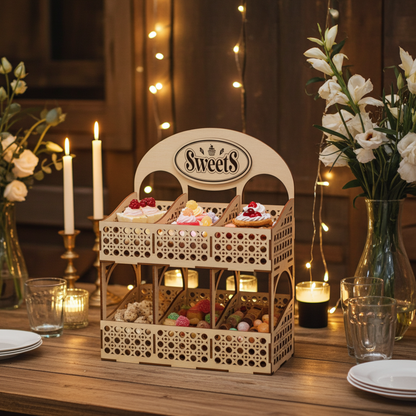 Decorative plywood laser cut sweet stand with candies on a table set for a romantic dinner with candles and flowers.
