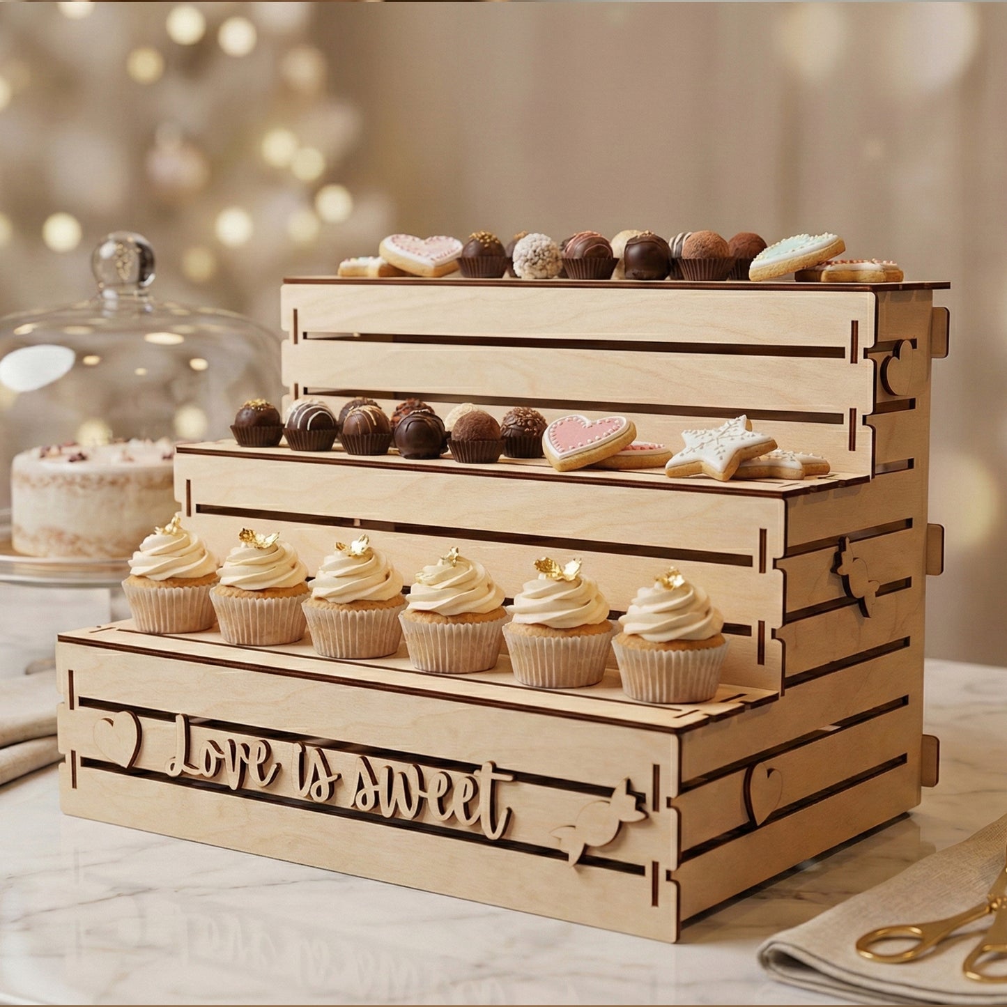 Laser cut plywood tiered dessert riser shown on a marble counter. The natural wood stand holds rows of vanilla cupcakes with gold leaf, chocolate truffles, and heart-shaped cookies. Decorative "Love is sweet" lettering is etched into the base.