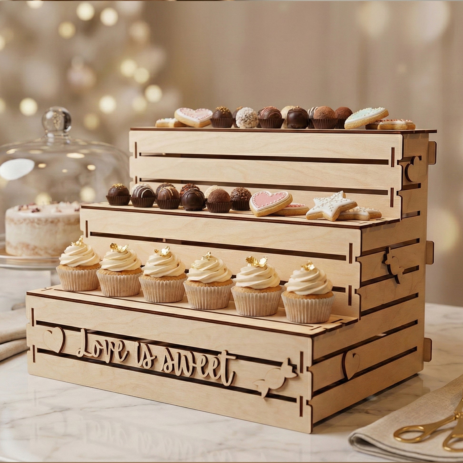 Laser cut plywood tiered dessert riser shown on a marble counter. The natural wood stand holds rows of vanilla cupcakes with gold leaf, chocolate truffles, and heart-shaped cookies. Decorative "Love is sweet" lettering is etched into the base.