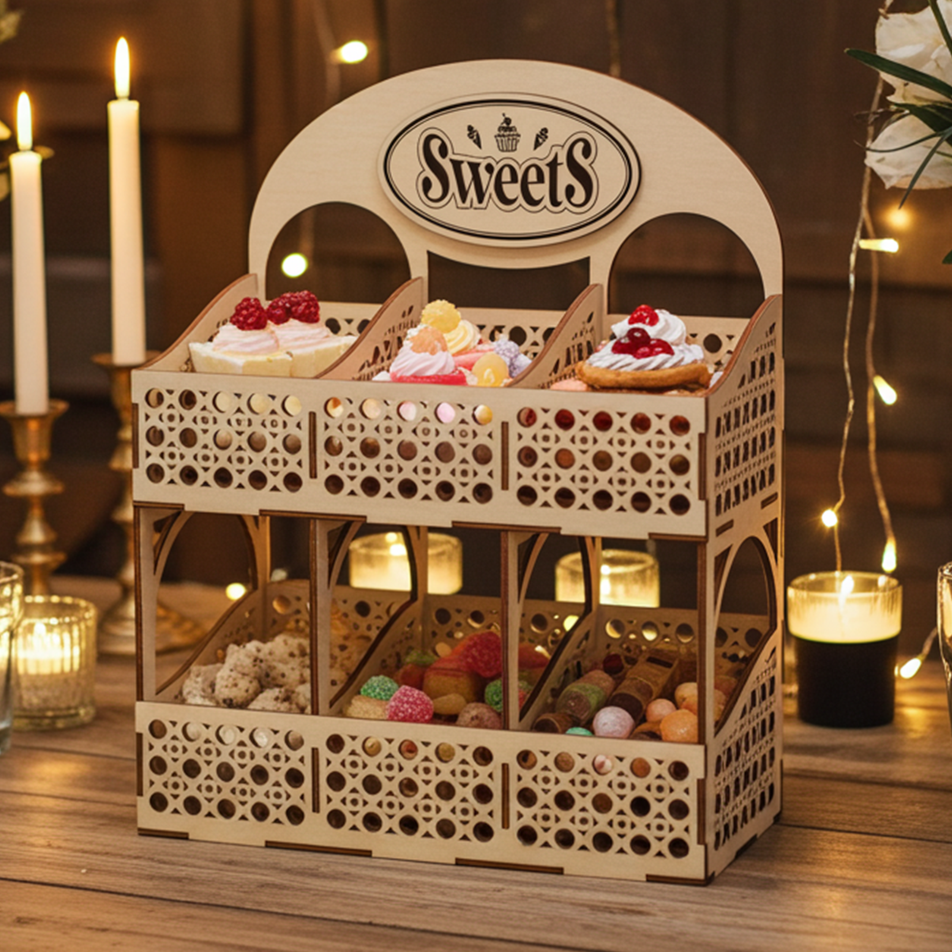 Wooden laser cut display stand with 'Sweets' sign, filled with small desserts on a wooden table with candles.
