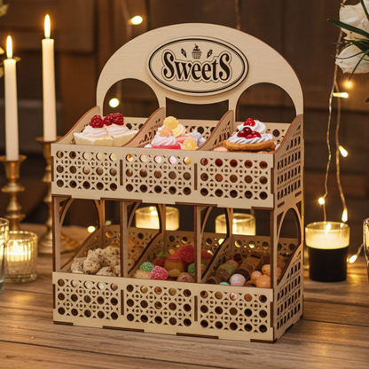 Wooden laser cut display stand with 'Sweets' sign, filled with small desserts on a wooden table with candles.