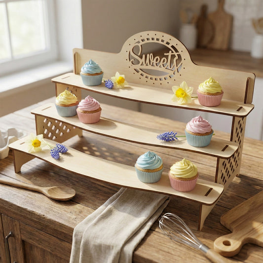 Three-tier laser cut plywood display stand with the word "Sweets" etched in a decorative circle at the top. Several pastel-colored cupcakes and small flowers are arranged on the shelves. The stand features intricate diamond-patterned side supports.