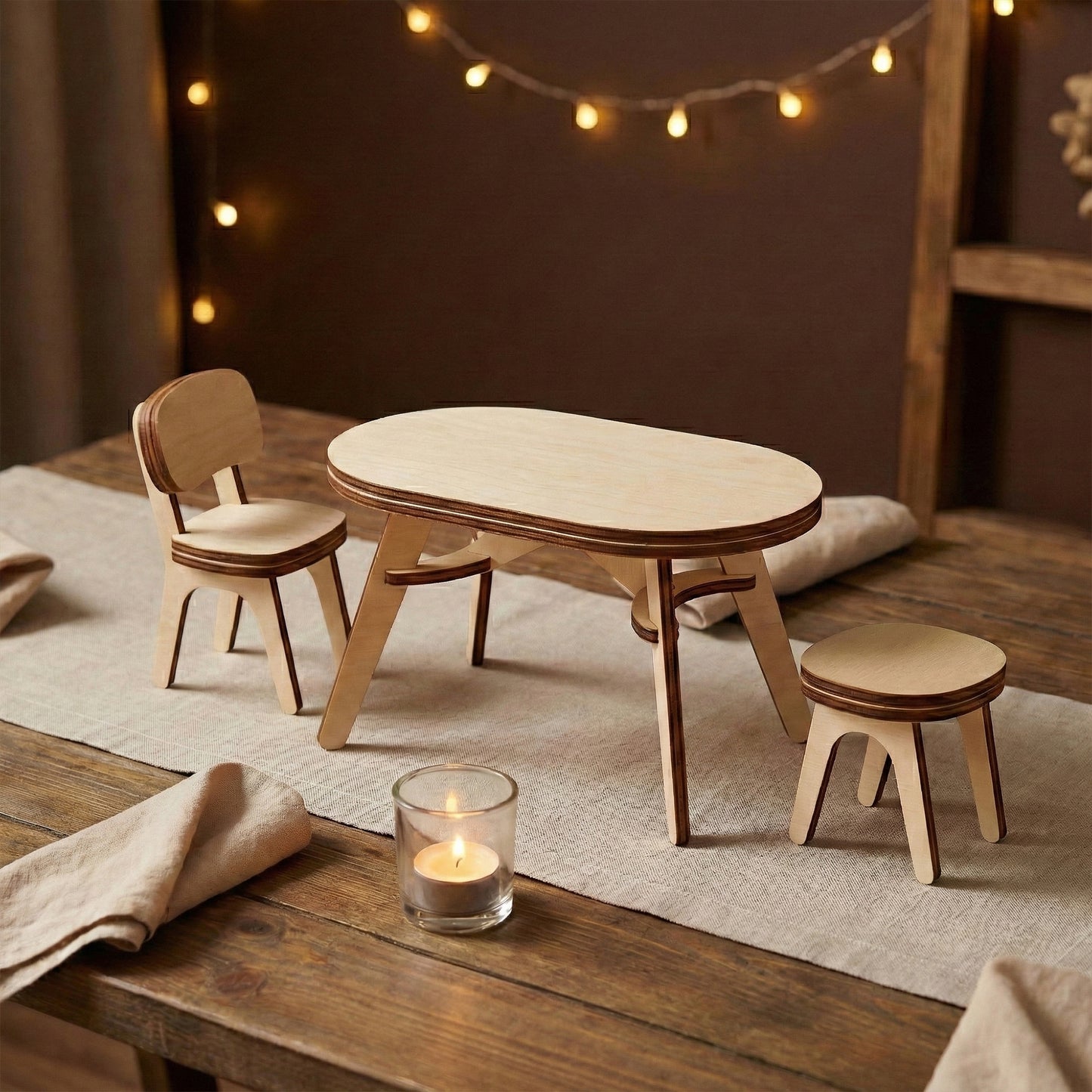Minimalist dollhouse dining set made of laser cut plywood. Includes an oval table, a chair with a backrest, and a small stool. Arranged on a linen runner with a tea candle, showing the clean birch wood grain and modern curved legs.