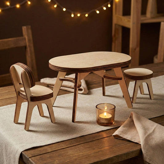 Close-up of a 3D wooden dining set crafted from laser cut plywood. The assembly highlights sturdy interlocking joints and smooth, dark burnt edges. Set in a cozy evening atmosphere with warm fairy lights and rustic wooden textures