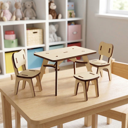 Minimalist dollhouse furniture set made of laser cut plywood. Includes a rectangular table, two chairs, and one stool with visible interlocking tabs. Smooth natural finish with dark edges, displayed in a bright nursery or playroom setting.