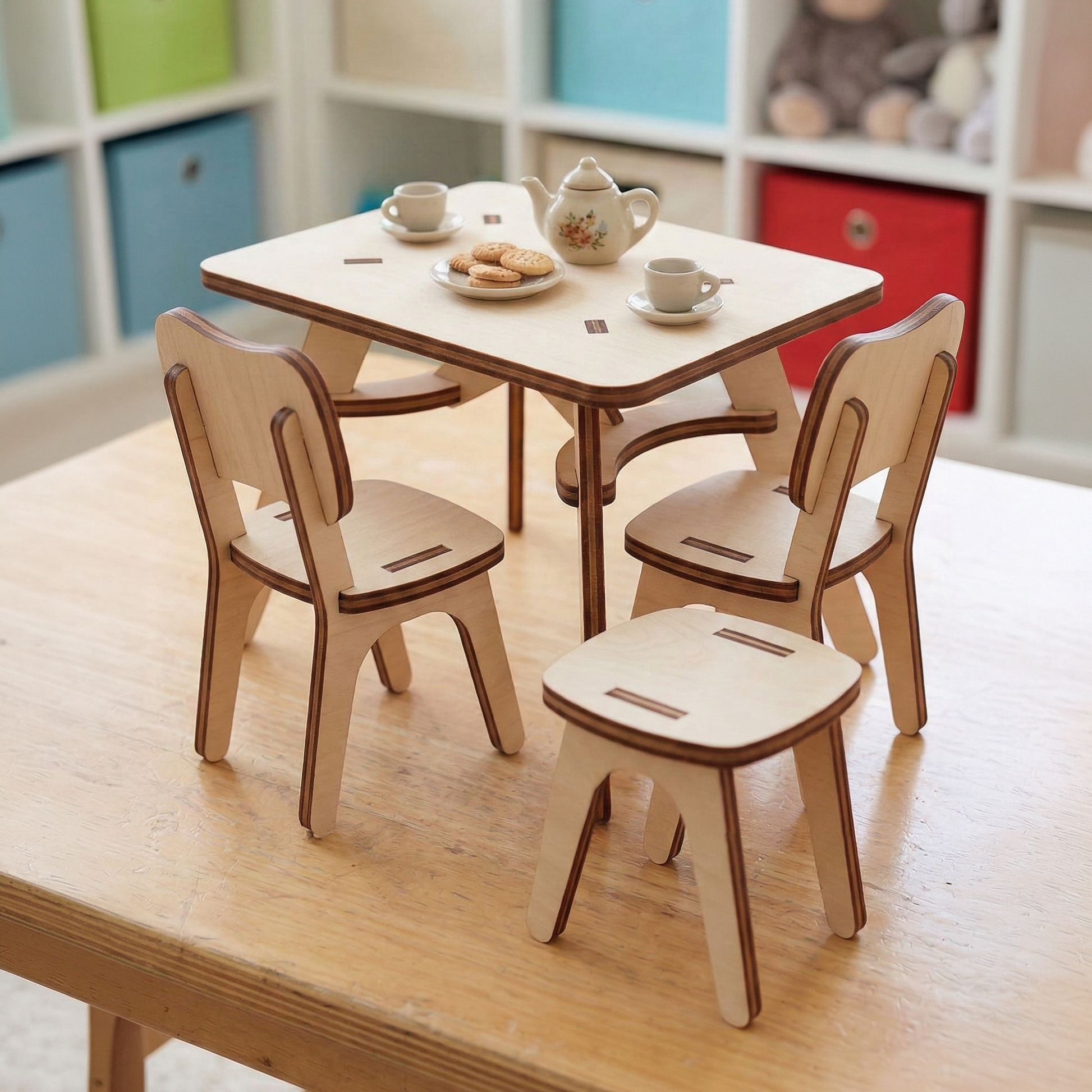 Dollhouse furniture wooden laser cut table and chairs set with tea set on a light wood floor.