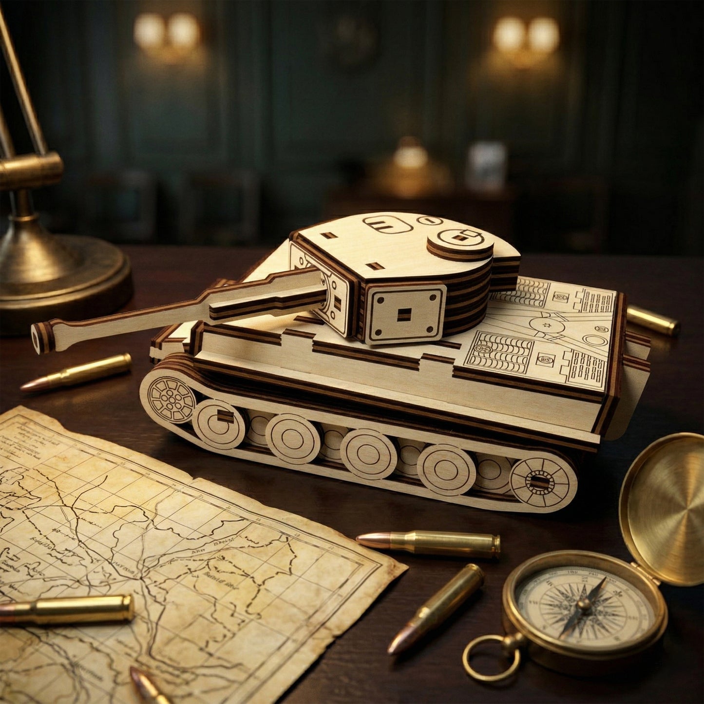 A 3D Tiger tank model handcrafted from laser-cut plywood. The design features precise interlocking wood panels and engraved details on the hull and turret. Posed on a dark desk with a vintage battlefield map, brass compass, and replica bullets for a military-themed display.