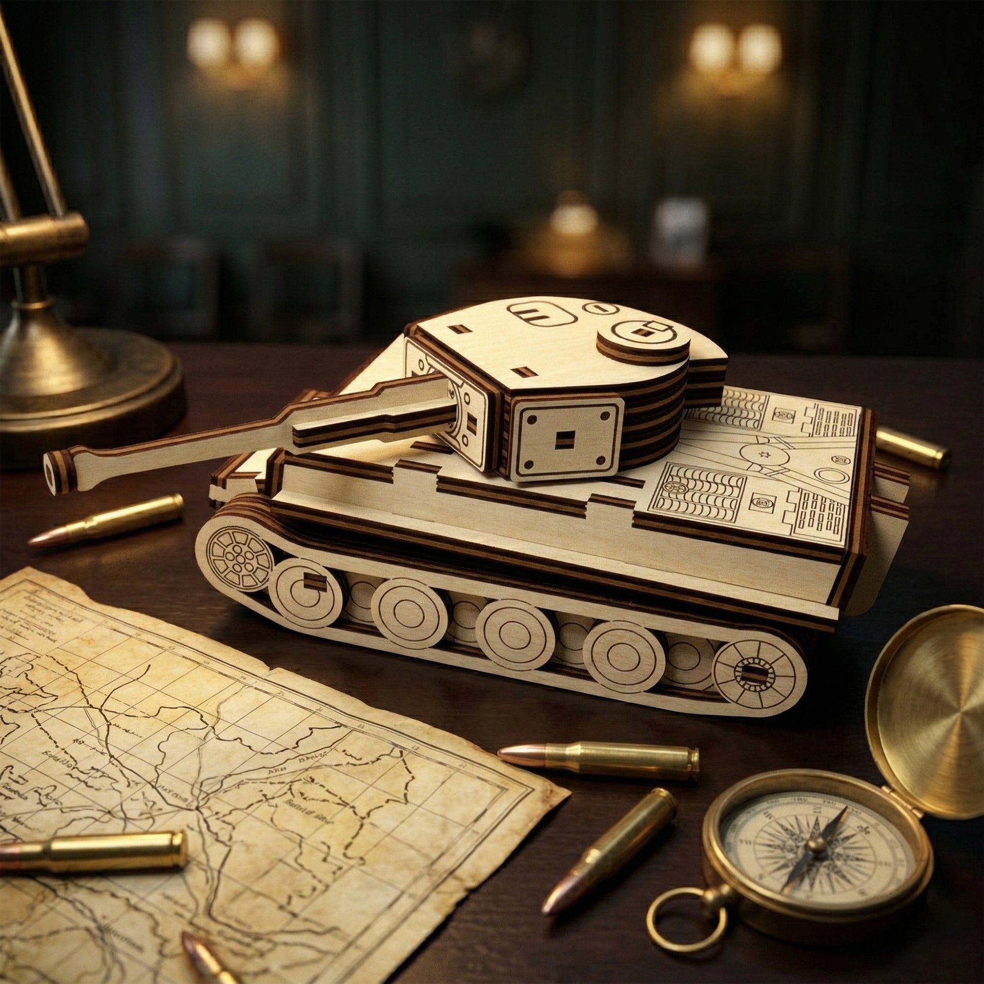 A 3D Tiger tank model handcrafted from laser-cut plywood. The design features precise interlocking wood panels and engraved details on the hull and turret. Posed on a dark desk with a vintage battlefield map, brass compass, and replica bullets for a military-themed display.