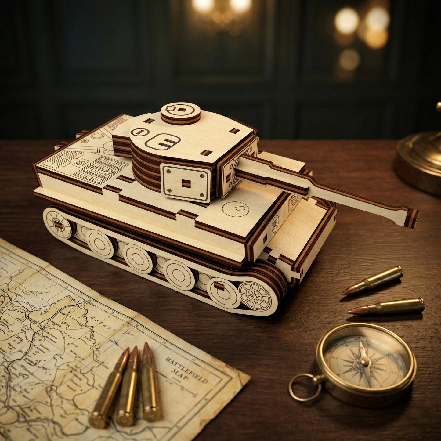 High-angle view of a laser-cut plywood Tiger tank 3D puzzle. Highlights the rotating turret, barrel assembly, and engraved engine deck details. Styled in a historical workspace setting with a brass compass, old maps, and ammunition shells.
