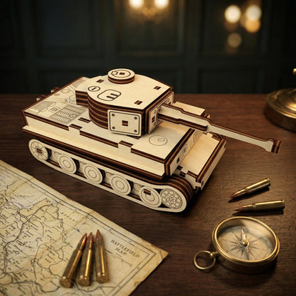 High-angle view of a laser-cut plywood Tiger tank 3D puzzle. Highlights the rotating turret, barrel assembly, and engraved engine deck details. Styled in a historical workspace setting with a brass compass, old maps, and ammunition shells.