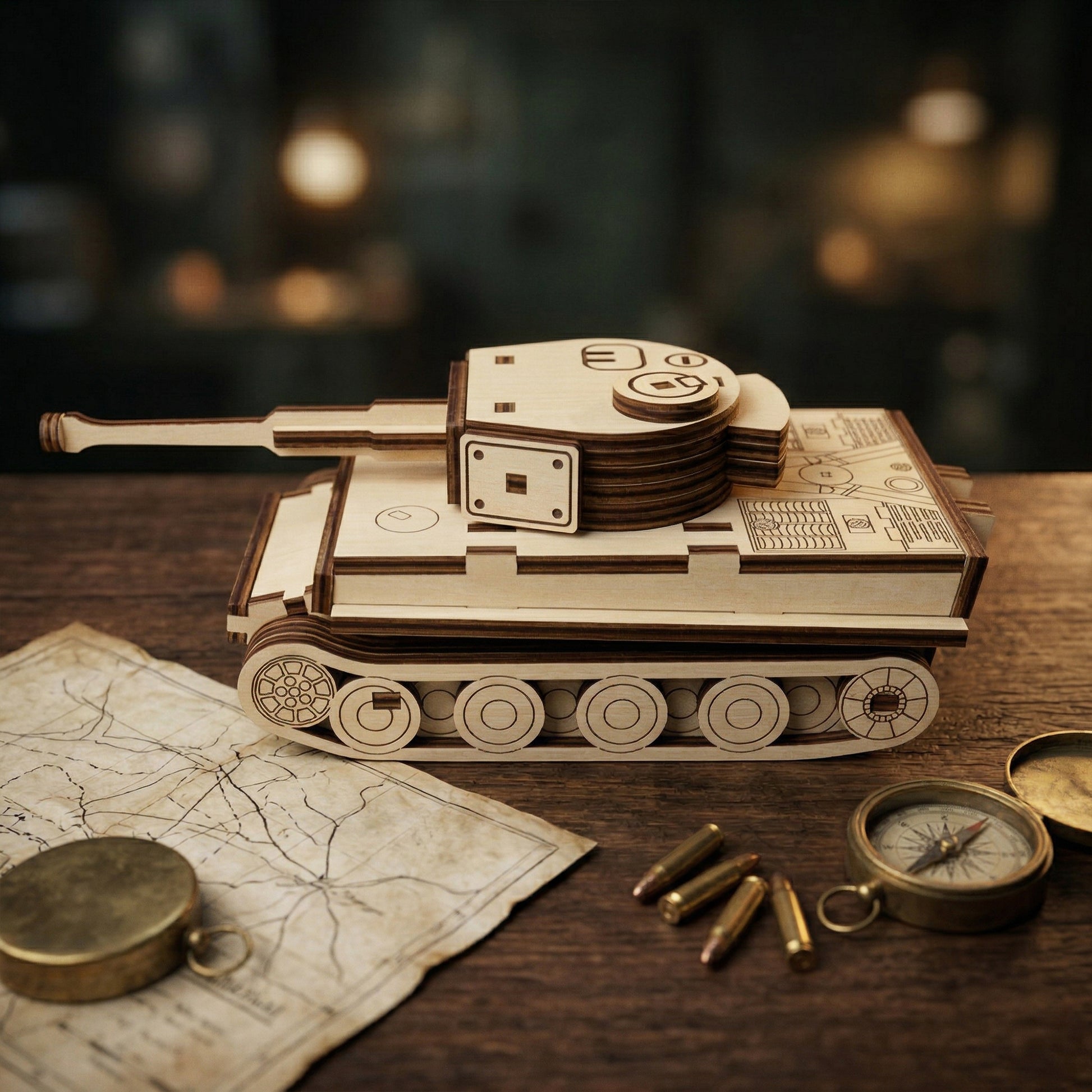 Side profile of a Tiger tank model made from light plywood with dark laser-burnt edges. This 3D mechanical wood kit showcases the iconic tank tracks and silhouette. Displayed on a rustic wooden table with vintage military accessories.