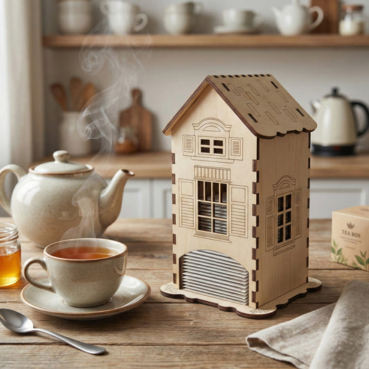 Laser cut wooden house-shaped tea bag dispenser in warm tones with scalloped roof and detailed shutters, placed on a soft kitchen countertop background.
