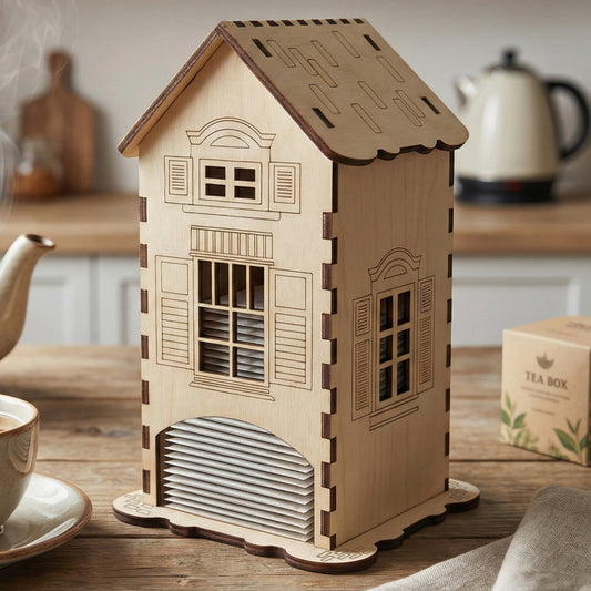 Elegant laser cut tea storage house crafted from wood, showcasing arched tea packet holder and decorative siding, in a gentle kitchen environment.