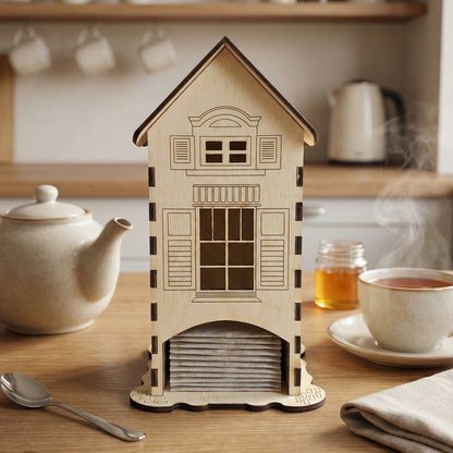 Natural laser cut wooden tea bag holder shaped like a charming house, with arched dispenser and engraved facade, on a cozy kitchen table background.