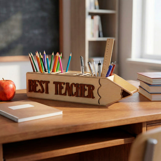 Laser cut wooden plywood pencil holder shaped like a large pencil with raised "Best Teacher" lettering. This plywood desk organizer features slots for colored pencils and a compartment for rulers, styled on a desk with an apple and notebook as a teacher appreciation gift.