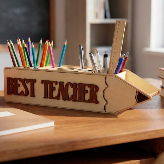 Laser cut wooden plywood pencil holder shaped like a large pencil with raised "Best Teacher" lettering. This plywood desk organizer features slots for colored pencils and a compartment for rulers, styled on a desk with an apple and notebook as a teacher appreciation gift.