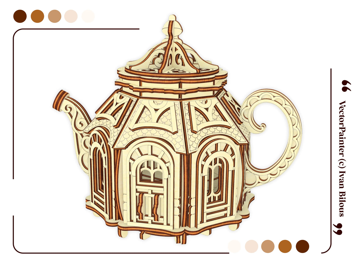 Front side 3D render view of a fairy house teapot showing a detailed scrollwork spout component of laser cut plywood.