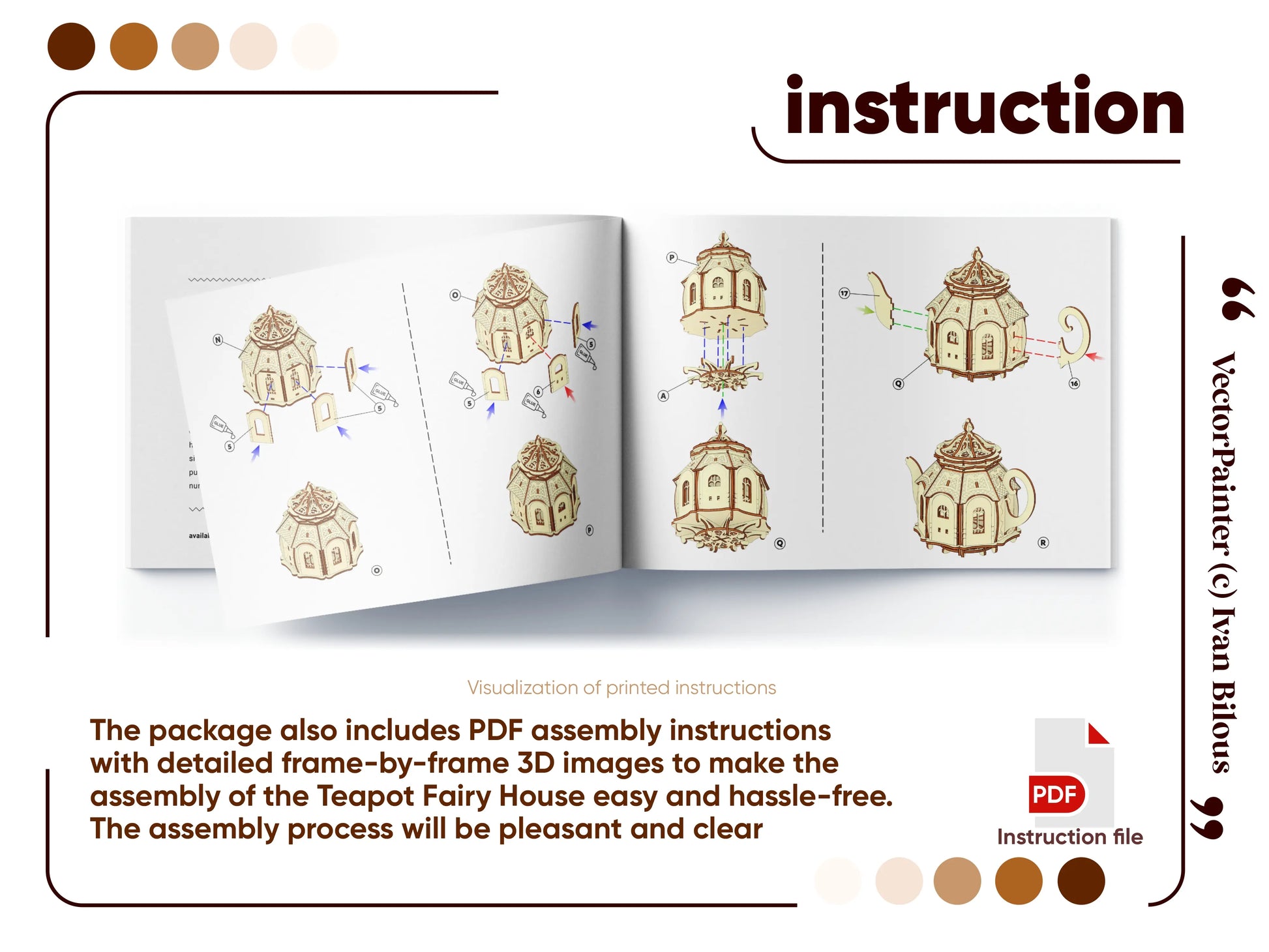 Manual booklet pages with 3D step-by-step instructions to build a teapot house from laser cut plywood.