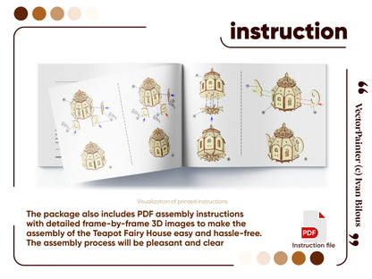 Manual booklet pages with 3D step-by-step instructions to build a teapot house from laser cut plywood.
