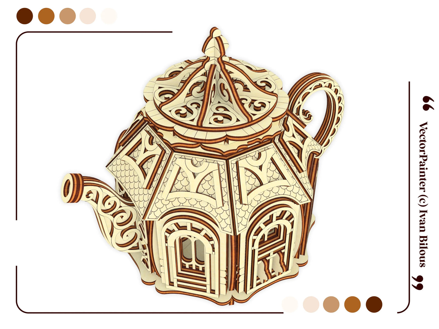 High angle view 3D render of an intricate miniature fairy house teapot lid and roof panels out of laser cut plywood.