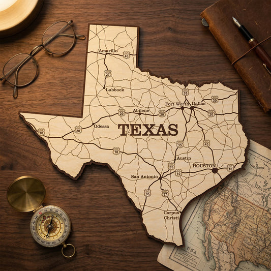 Texas state map made of laser cut plywood featuring engraved major highways and city names. Top-down view on a dark wood desk surrounded by a brass compass, fountain pen, and vintage journals. High-detail natural wood grain and burnt edges.