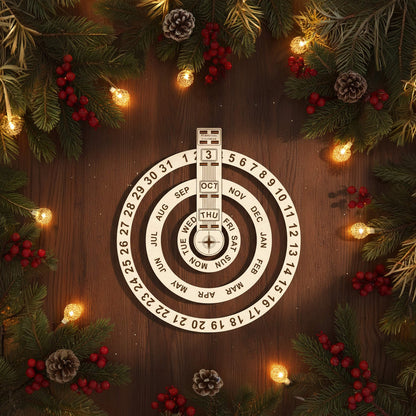 Intricate laser cut The calendar "Circle" with spinning circular layers showing numbers, months and days of the week, set against a warm festive Christmas lights background.