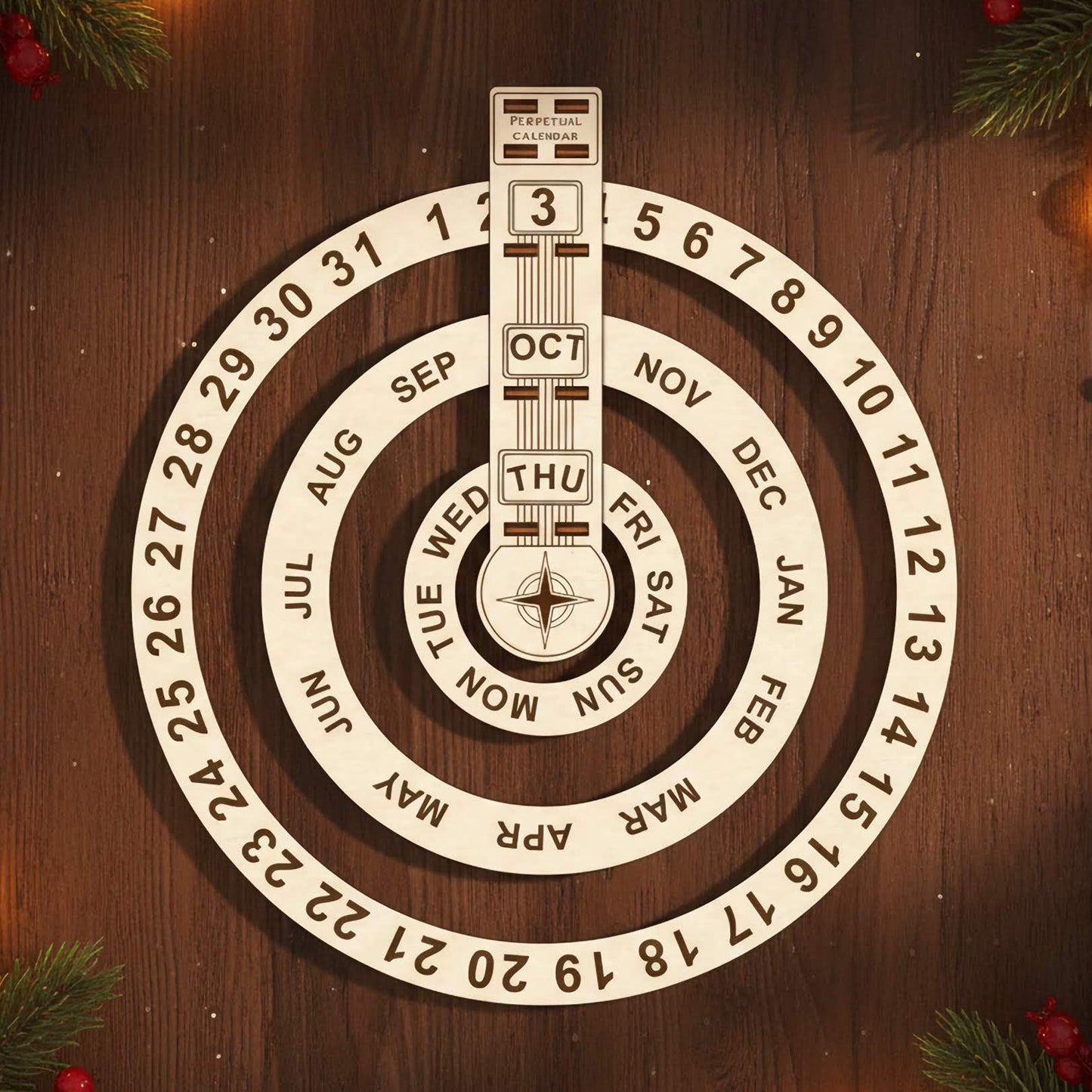 Laser cut wooden The calendar "Circle" featuring three rotating rings for perpetual date setting with months, days and weekdays, displayed against a cozy Christmas tree bokeh background.