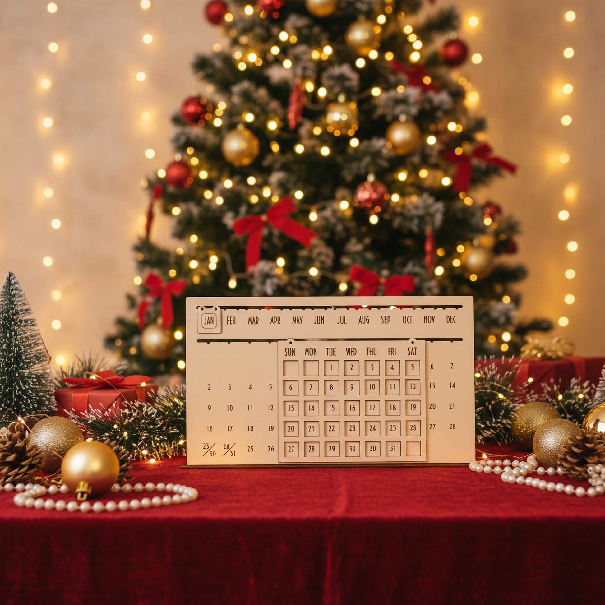 Intricate laser cut The Eternal Calendar featuring adjustable wooden panels for months, dates and weekdays, set against a festive blurred Christmas tree lights background.