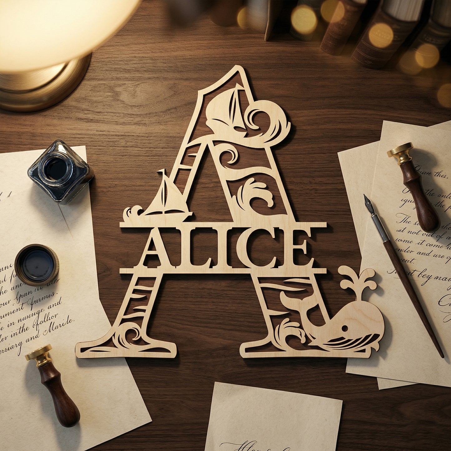 Handcrafted wooden name sign for Alice in a large letter A shape. Features intricate laser-cut ocean details, including waves and a whale icon. Posed on a dark wood desk surrounded by vintage stationery, inkwells, and wax seals for a classic nursery decor aesthetic.