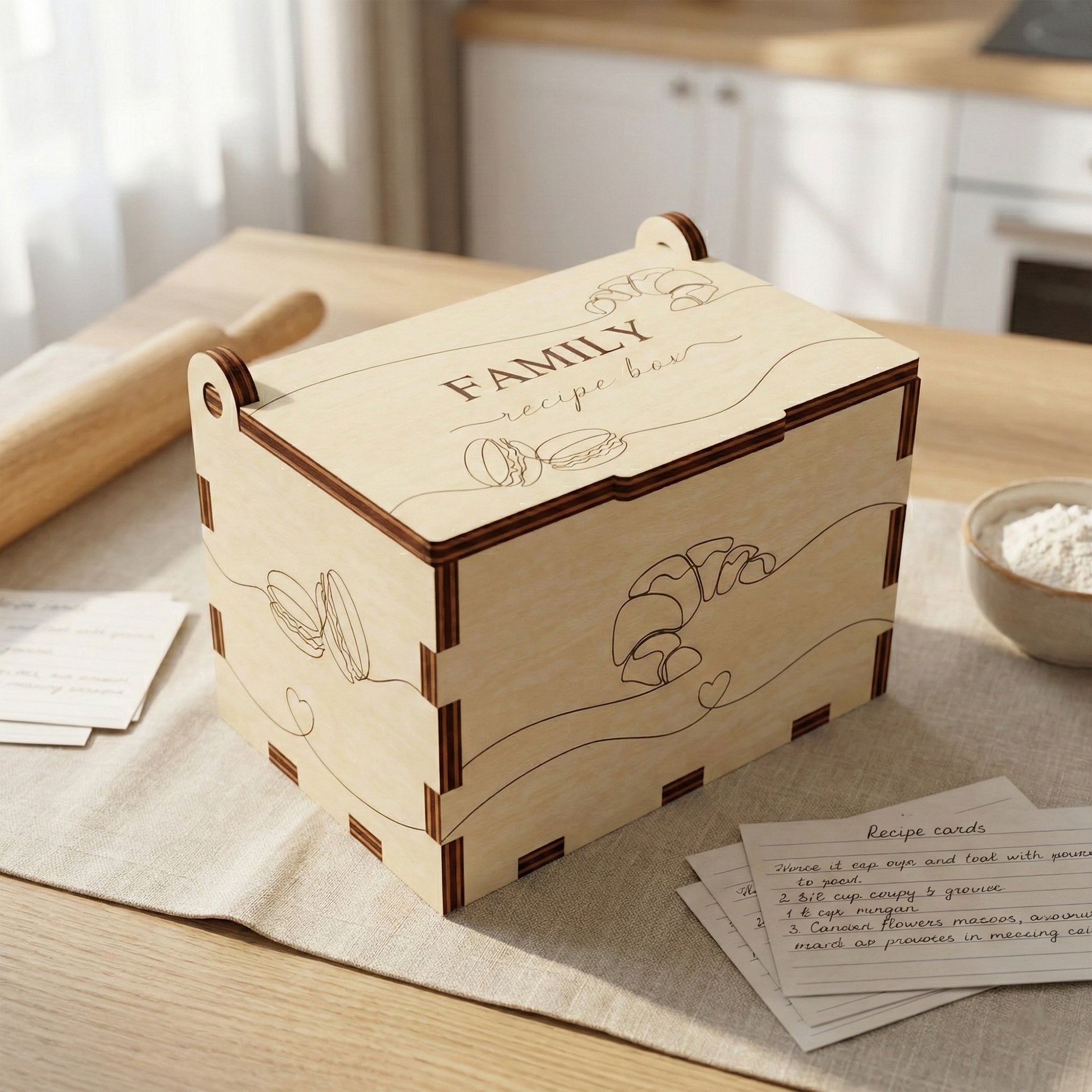 Handcrafted family recipe box made of light laser cut plywood with dark charred edges. The lid and sides feature engraved line art of croissants and macarons. It sits on a kitchen counter surrounded by recipe cards, a rolling pin, and a bowl of flour.