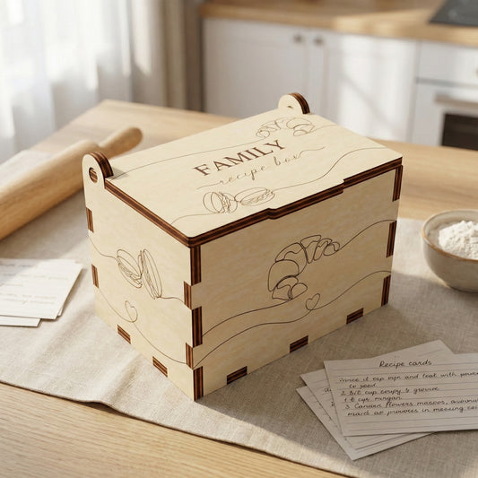 Handcrafted family recipe box made of light laser cut plywood with dark charred edges. The lid and sides feature engraved line art of croissants and macarons. It sits on a kitchen counter surrounded by recipe cards, a rolling pin, and a bowl of flour.