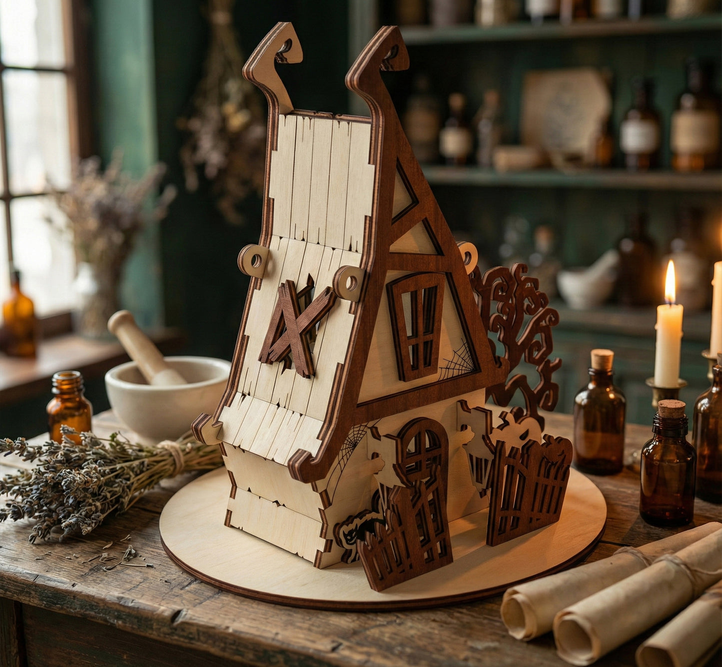 3D laser cut plywood witch's house with a steep, light wood roof and dark wood trim. Features a crooked chimney, etched shingles, and a small fence. Shown on a rustic wooden table surrounded by apothecary bottles and dried lavender.