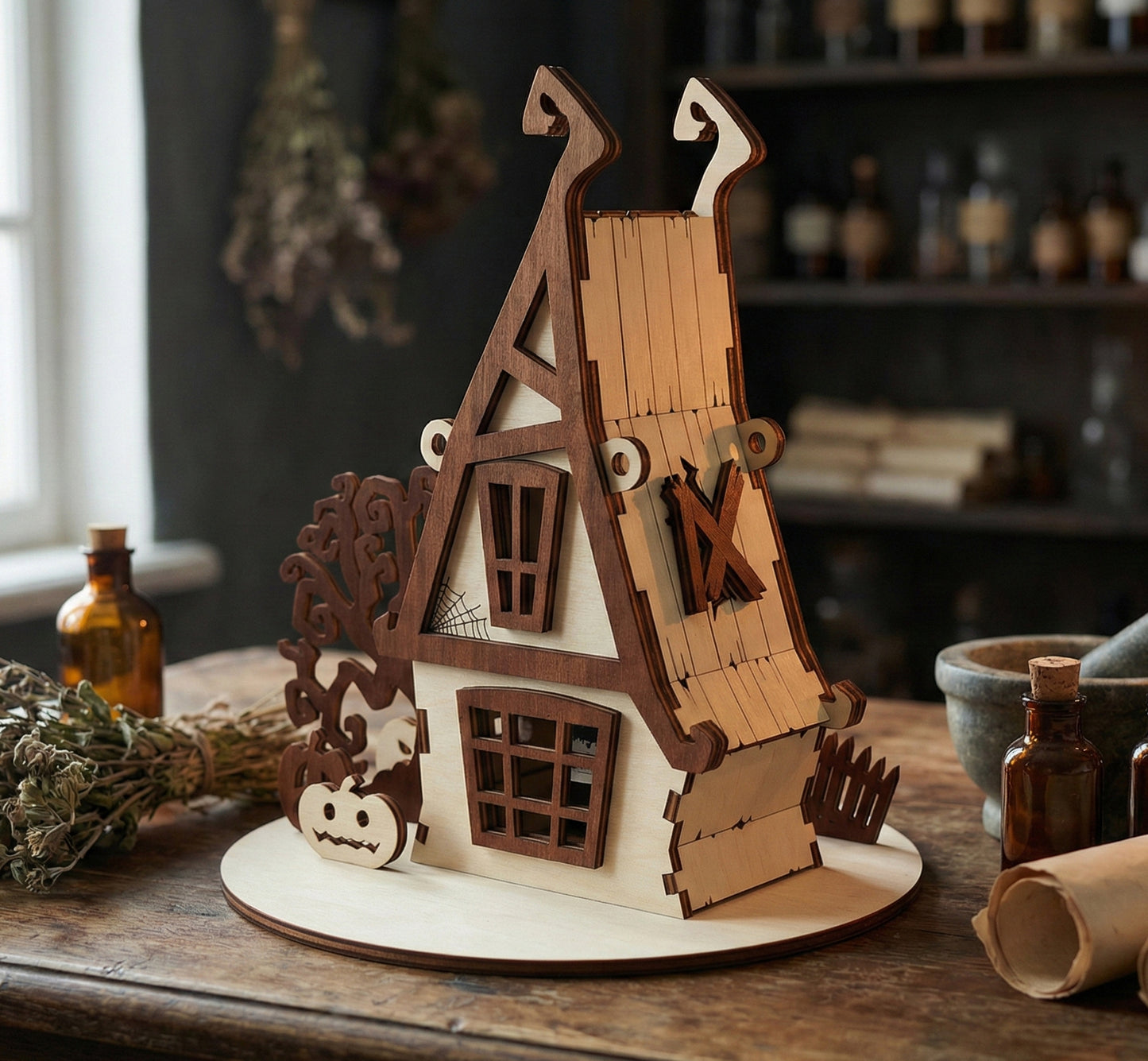 Side perspective of the miniature witch's house showing the interlocking laser cut plywood joints. A large window with a dark wood frame is visible on the lower floor. The house is set against a background of blurred herbalist jars.