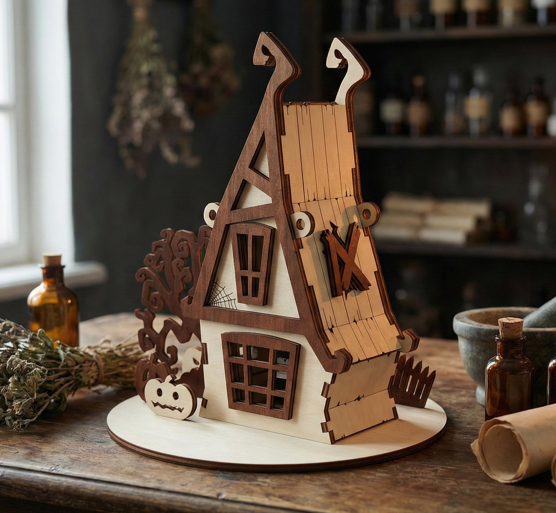 Side perspective of the miniature witch's house showing the interlocking laser cut plywood joints. A large window with a dark wood frame is visible on the lower floor. The house is set against a background of blurred herbalist jars.