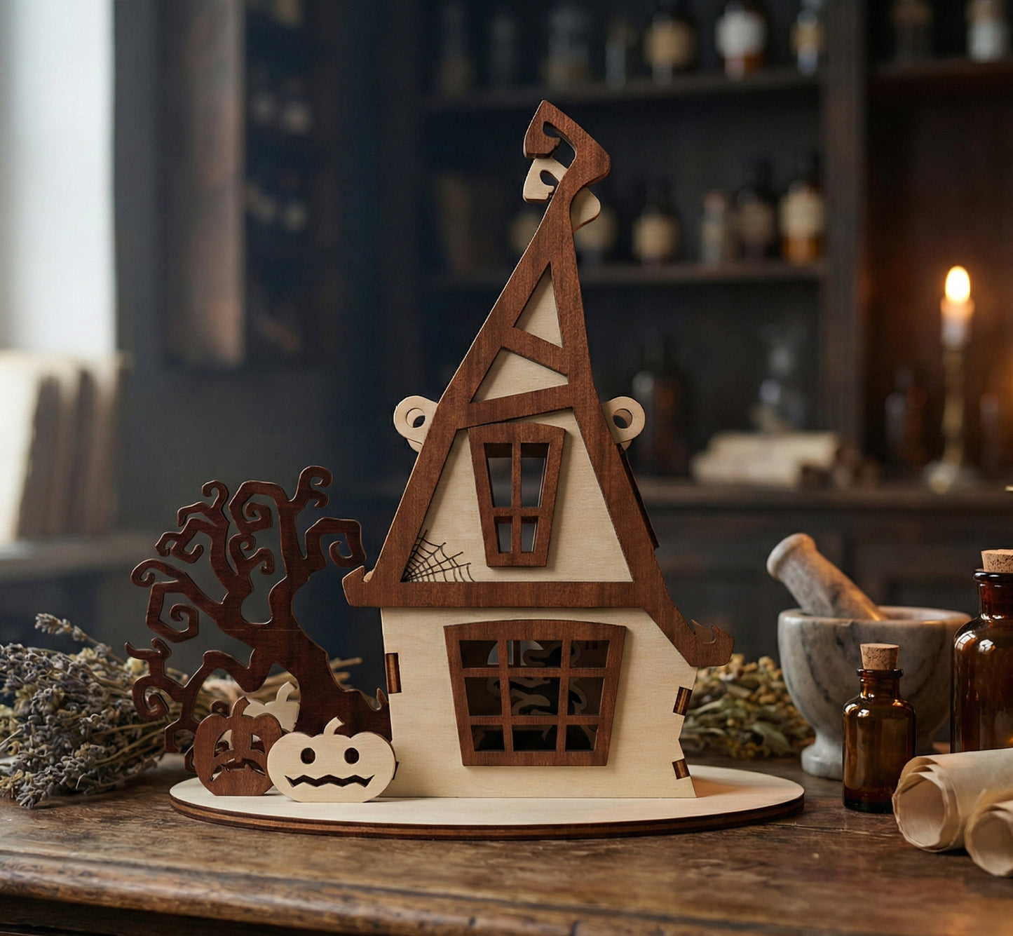 A whimsical laser cut plywood Halloween decoration featuring a crooked house, a spooky tree, and jack-o'-lanterns. The natural wood grain and dark stained accents provide a rustic, handcrafted look on a workshop table with scrolls.