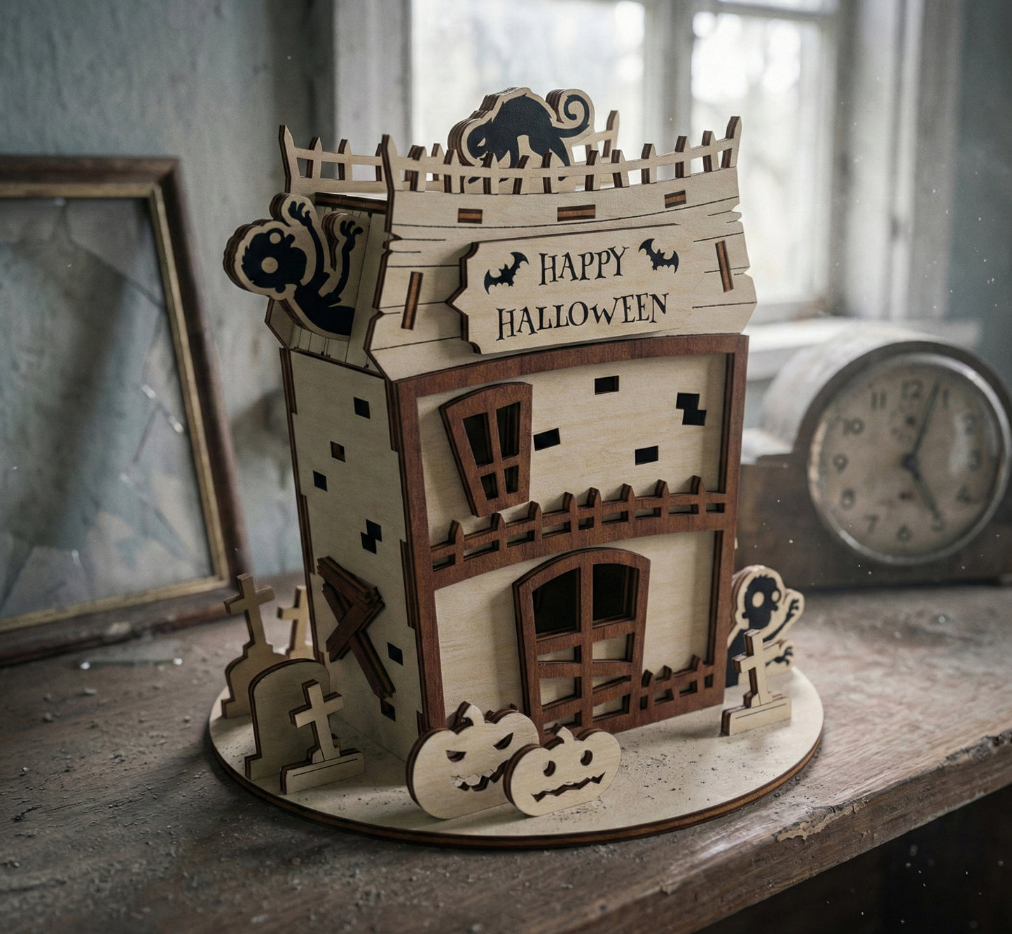 Laser cut plywood Halloween decor featuring a two-story haunted house. A "Happy Halloween" sign with bats sits on the roof, surrounded by small graveyard tombstones, wooden pumpkins, and a black cat silhouette on top.