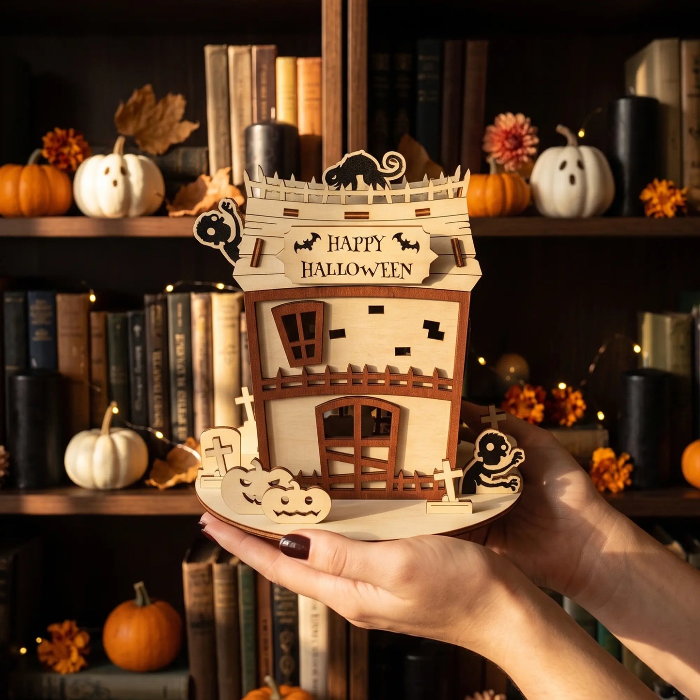 Hands holding a handcrafted laser cut plywood zombie house model against a blurred background of library shelves.