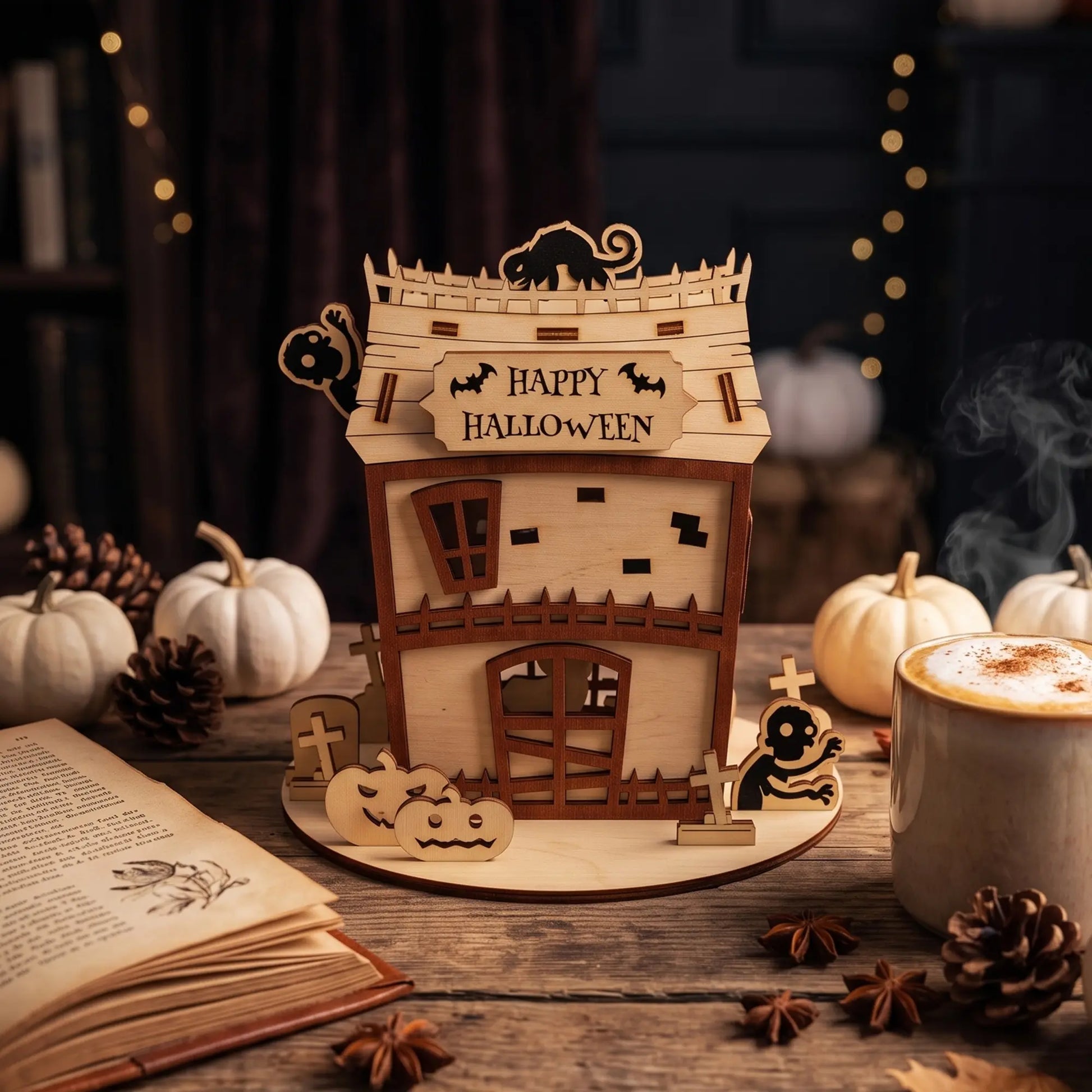 Festive laser cut plywood zombie house centerpiece with coffee, pine cones, and miniature Halloween pumpkins